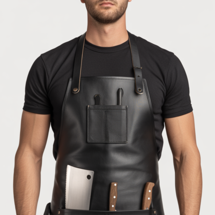 Shine Black Flame Rip Butcher Leather Apron front view