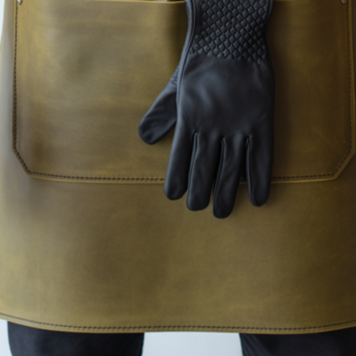 Premium olive leather butcher apron with edge detail