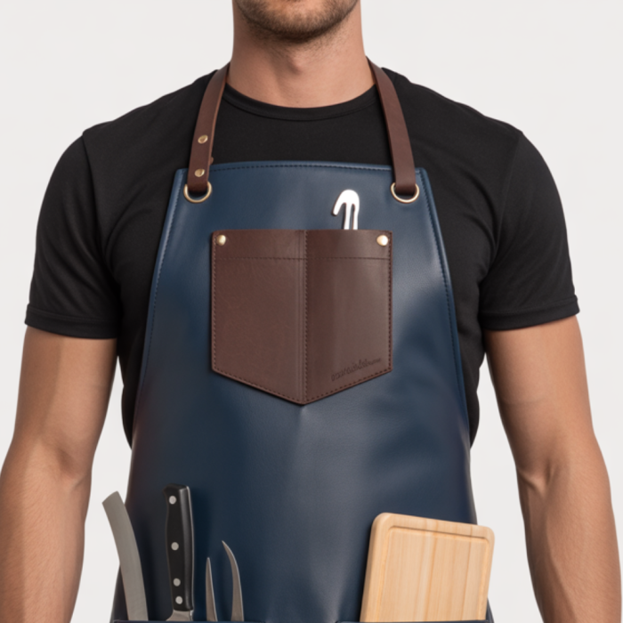 Premium Navy Brown Butcher Leather Apron with cross-back straps
