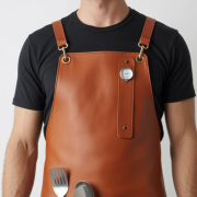 Chef wearing Ginger Blade Dash Cooking Leather Apron