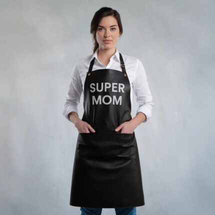 Fashion Style Super Mom Black Cowhide Leather Apron